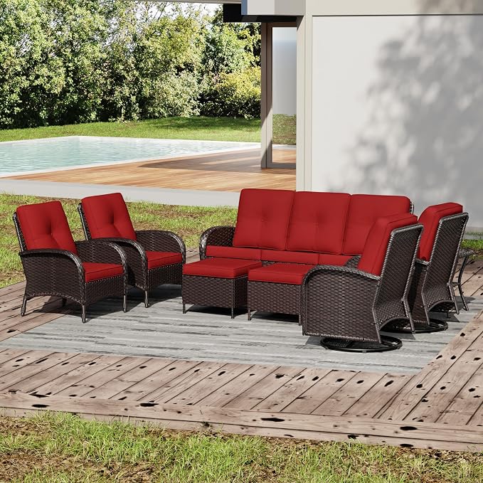 Joyside Wicker Patio Furniture Set, 8 Piece Outdoor Furniture Set with Thickened Cushions, High Back, Deep Seating, Wide Armrest, Outdoor Swivel Rocker Chairs for Porch, Deck
