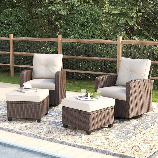 4 Pieces Patio Furniture Swivel Chairs Set, Outdoor Wicker Glider Rocking Chairs with Ottoman Set