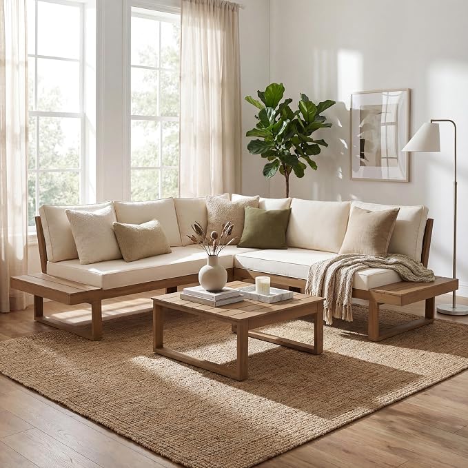 SUNSITT 4 Piece Acacia Wood Patio Furniture with Waterproof Cover, L-Shaped Outdoor Sectional Sofa Set with Coffee Table, FSC Certified Conversation Set with Built-in Side Table & Cream White Cushions
