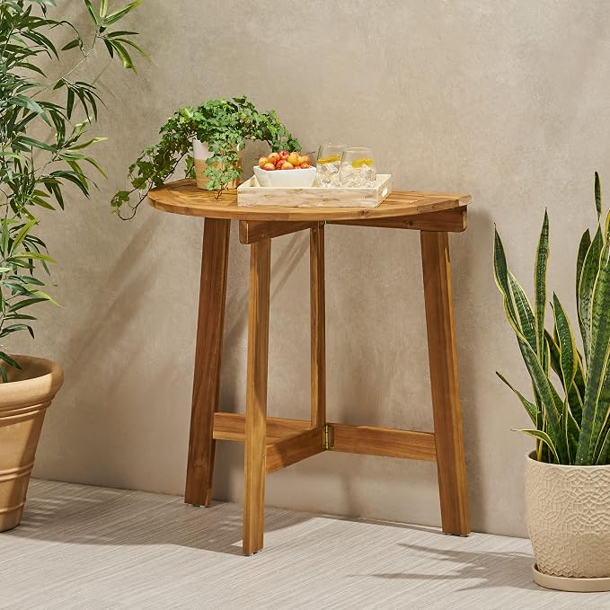 roomfitters Outdoor Half-Round Folding Acacia Wood Bistro Table, Small Space Patio Dining Accent Table, Natural