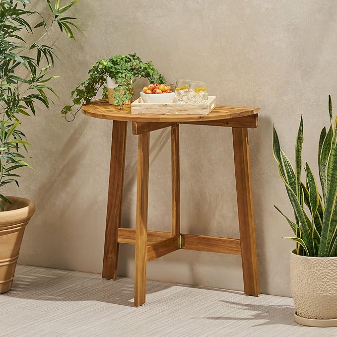 Outdoor Foldable Acacia Bistro Table, Half-Round Wall-Mounted Patio Dining Set, Natural Finish