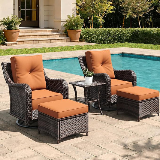 5 Pieces Outdoor Furniture Set with 6-inch Cushions, High Back Wicker Swivel Rocker Chairs with Coffee Table, Luxury Conversation Set for Deck Patio and Poolside