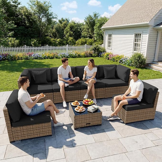 LHBcraft 7 Pieces Outdoor Furniture Set, Wicker Furniture Patio Conversation Sets with Tea Table and Thickened Black Cushions, Outdoor Patio Sectional Sofa for Garden, Poolside, Backyard