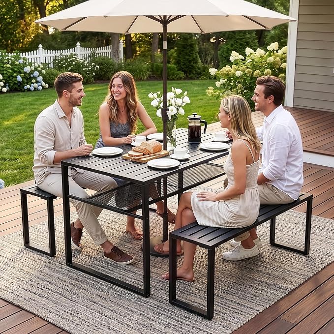 Outvita 49" Outdoor Matel Picnic Table and Bench Set with 2" Umbrella Hole and Storage Shelf, Patio Dining Set for 4 People, Outdoor Dining Table and Chair for Garden, Yard, Porch