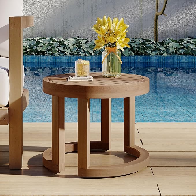Outdoor Side Table, 18" Farmhouse Acacia Wood Round End Table Patio End Side Table, Round Sofa Side Table Coffee Table for Patio Porch Lawn Living Room (J-Brown)