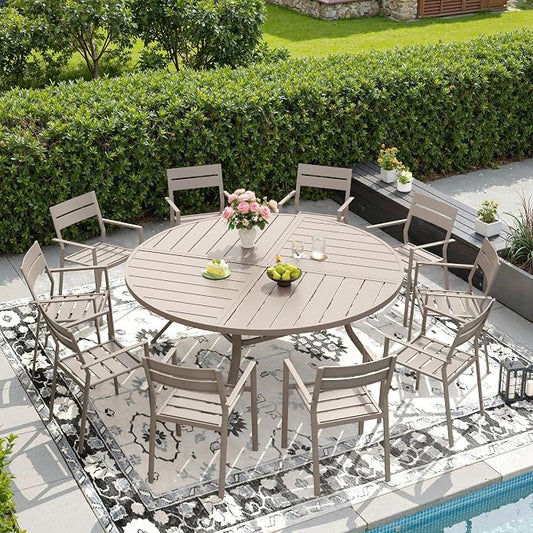 DIFY 11 Piece Outdoor Patio Dining Set for 10, 63" Round Dining Table with Umbrella Hole and Stackable Metal Chairs, Patio Table and Chairs Set for Backyard Garden Poolside, Sandshell