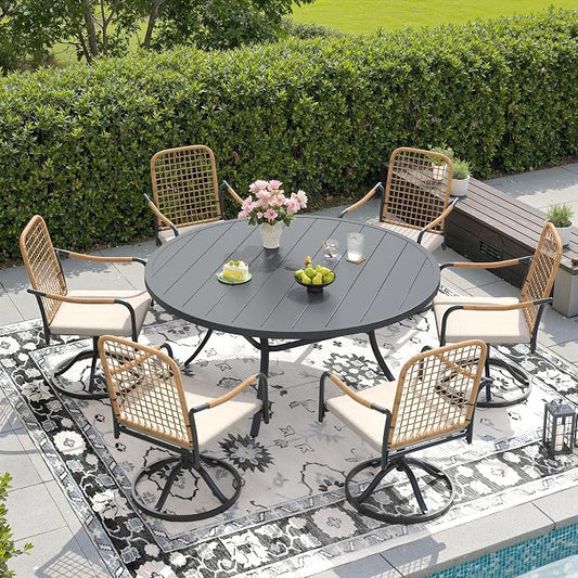 DIFY 7 Pieces Outdoor Dining Set for 6, 53" Round Dining Table with Umbrella Hole & Wicker Swivel Patio Chairs with Cushions, Metal Patio Table and Chairs Set for Backyard Porch Garden, Grey
