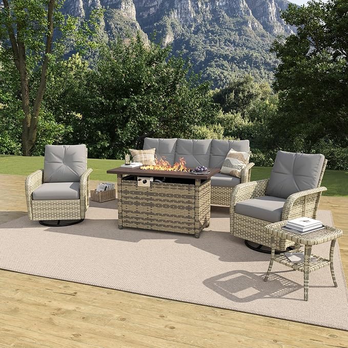 LazySunsets 7 Piece Outdoor Patio Furniture Set with 44'' Fire Pit Table, Wicker Rattan Outdoor Furniture with High Back Swivel Rocker Chairs, Outdoor Sofa Set with Thick Cushions, Grey