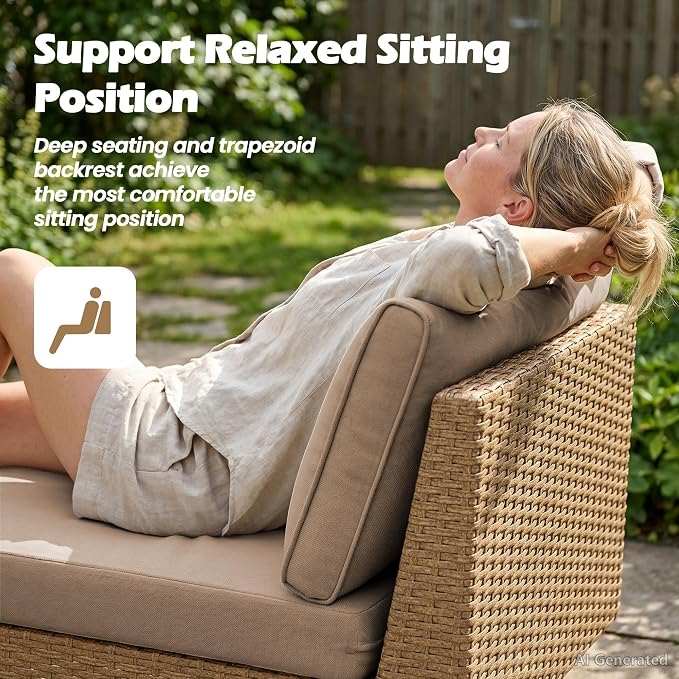 Vikiullf Outdoor Wicker Sectional Sofa Set, L-Shaped Patio Conversation Set with 4" Cushions, Boho Rattan Furniture for Backyard Poolside Deck (Khaki, 8 Pieces)