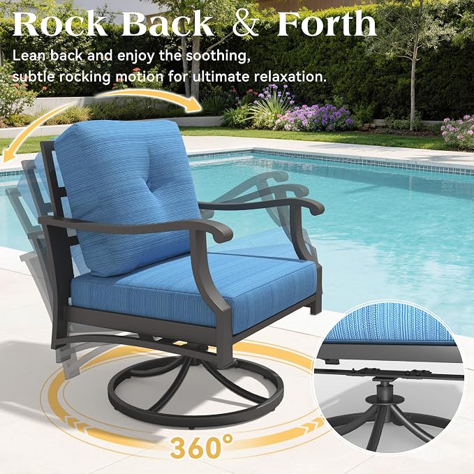 7 Piece Aluminum Patio Conversation Set, Outdoor Metal Furniture Set w/Rocking Swivel Chairs, 3-Seat Sofa, Ottomans and Coffee Side Table, 5" Thickened Cushions for Porch Yard, Poolside, Blue