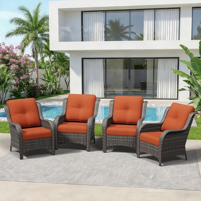 4 Piece Outdoor Wicker Patio Furniture Set, Patio Chairs Set of 4 with Thickened Olefin Cushions, High Back and Deep Seating, Hand-Woven PE Rattan for Porch, Deck, Orange