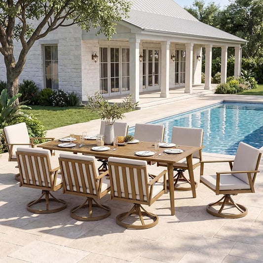 9 Pieces Patio Dining Set for 6, Aluminum Outdoor Dining Table Sets with Umbrella Hole, Modern Outdoor Patio Furniture Set with 8 Swivel Chairs and Table for Backyard, Poolside and Deck,Teak