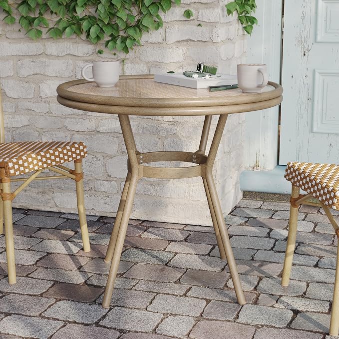 BizChair Indoor/Outdoor Commercial Bistro 31.5" Table, Natural/White PE Rattan, Glass Top, Bamboo Print Aluminum Frame in Light Natural