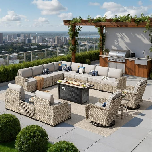 HOOOWOOO Sectional Patio Furniture Set with Fire Pit Table,15 Pieces Wicker Outdoor Furniture L Shaped Couch,Outside Conversation Set Extra Deep Seat Sofa Wide Arm Swivel Chairs Solar Light,Gray