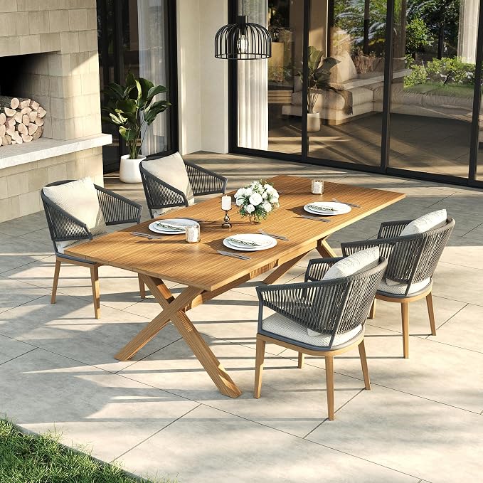 LayinSun 5 Piece Outdoor Dining Table Set, Aluminum Modern Rectangular Dining Table and All-Weather Wicker Chairs Set for Patio Deck Indoor Decor Kitchen