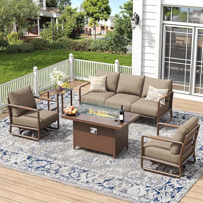 5-Seat Aluminum Patio Conversation Sofa Set with 2 Swivel Rocking Chairs & Oversized Fire Pit Table (Glass Wind Guard), All-Weather for Balcony, Garden, Brown