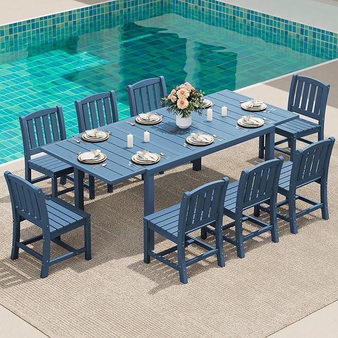 SERWALL Outdoor Patio Dining Set for 8, Blue | 60" - 83" Expandable Outdoor Dining Table and 8 HDPE Chairs, All Weather Material Outdoor Furniture Set Backyard, Garden