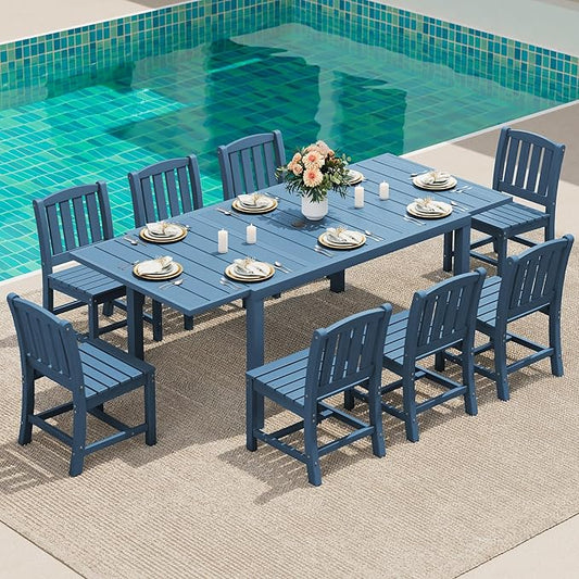 SERWALL Outdoor Patio Dining Set for 8, Blue | 60" - 83" Expandable Outdoor Dining Table and 8 HDPE Chairs, All Weather Material Outdoor Furniture Set Backyard, Garden