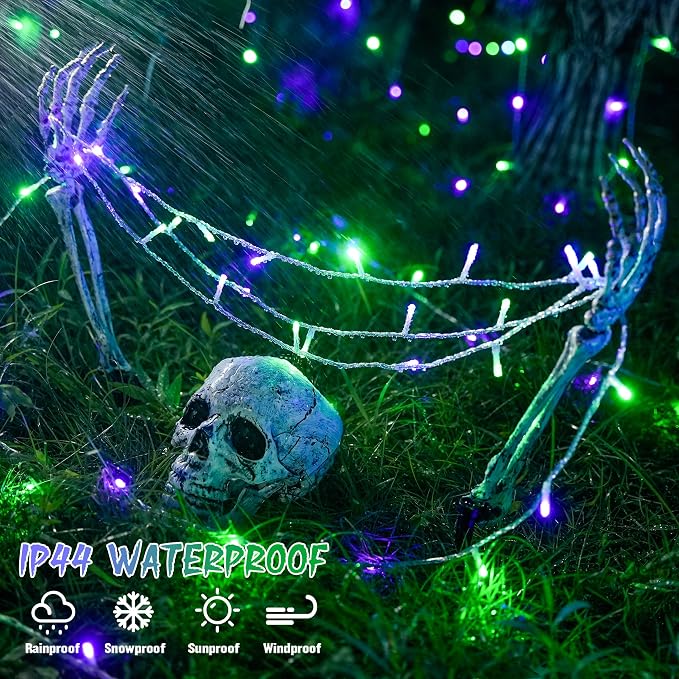 JMEXSUSS Connectable Purple and Green Halloween Lights Plug-in | 8 Modes 100 LED Twinkle String Light Indoor, Clear Wire Christmas Lights Outdoor Waterproof for Halloween Christmas Decor