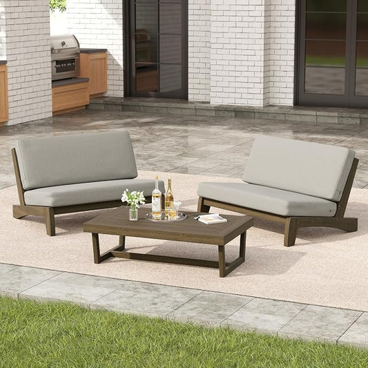 3 Pieces Patio Furniture Sets, All-Weather Outdoor Wood Bistro Set Patio Conversation Coffee Table Chiars and Patio Loveseat for Balcony, Backyard