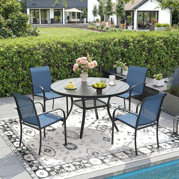 DIFY Outdoor Dining Set for 4, Patio Dining Furniture Set Includes 42" Black Round Table with Adjustable Umbrella Hole and 4 Blue Stackable Metal Chairs for Poolside, Garden, Backyard