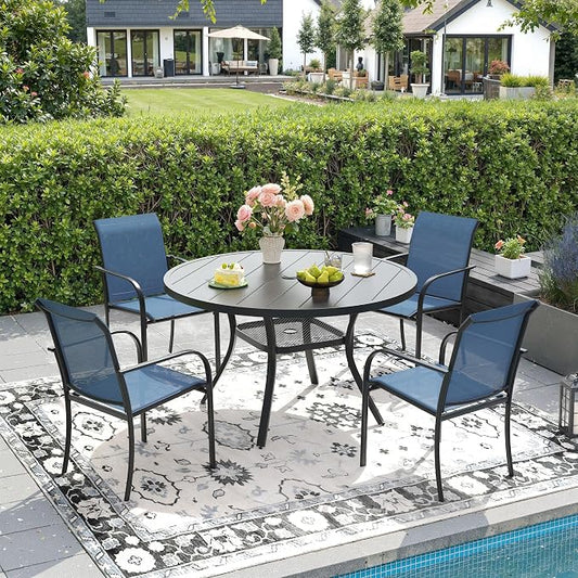 DIFY Outdoor Dining Set for 4, Patio Dining Furniture Set Includes 42" Black Round Table with Adjustable Umbrella Hole and 4 Blue Stackable Metal Chairs for Poolside, Garden, Backyard