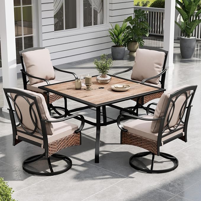 Sophia & William Patio Dining Set 5 Piece Outdoor Table Furniture Set - 4 Padded Swivel Dining Chairs and 1 Square Metal Table with Umbrella Hole & Wood-Like Top