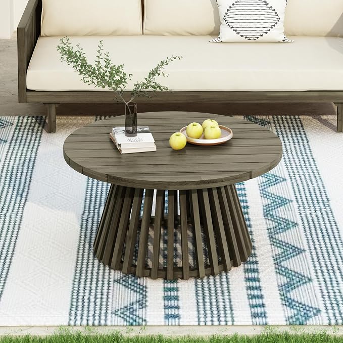 LUMISOL Patio Outdoor Acacia Wood Round Coffee Table, Circle Center Table for Backyard, Lawn, Balcony, Grey