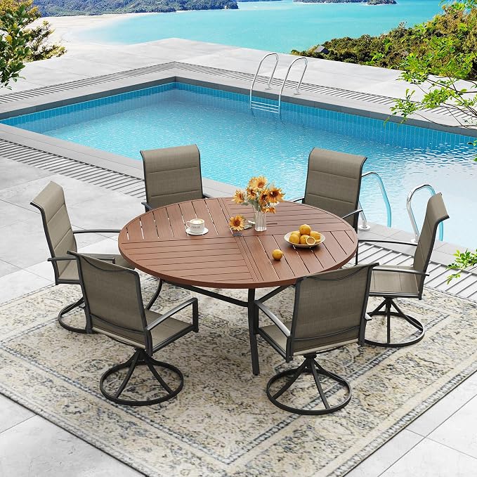 DIFY 53.1" Round Outdoor Patio Dining Table for 6-8, All-Weather Metal Steel Slatted Patio Table with 1.57" Adjustable Umbrella Hole, for Lawn Garden Porch Backyard, Walnut