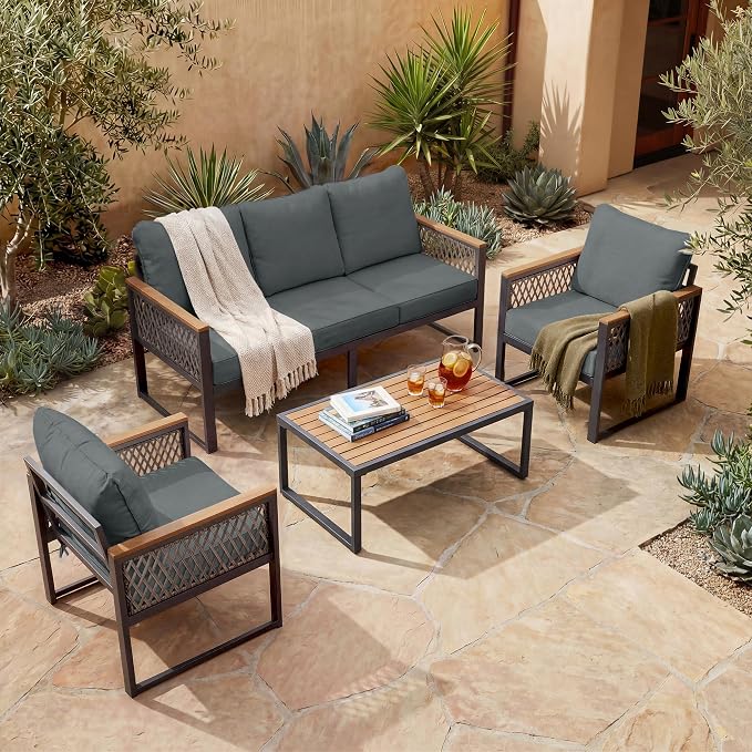 UPHA 4 Pieces Patio Furniture Set, Metal Outdoor Sectional Couch Set with 3-Seat Sofa, 2 Chairs, Coffee Table, Modern Patio Conversation Set for Porch Balcony Deck, 5 Seats, Gray
