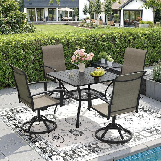 DIFY 5 Pieces Outdoor Dining Set, Metal Patio Table and Chairs Set for 4 with Umbrella Hole, 37.8" Black Square Table and Brown Textilene Swivel Patio Chairs for Garden, Backyard, Poolside