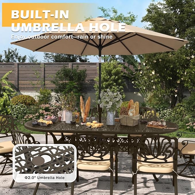 9-Piece Outdoor Dining Set, Retro Bronze Cast Aluminum Patio Furniture Include 86.6" Oval Table and 8 Fixed Chairs with Cushion and Umbrella Hole for Patio Deck Garden