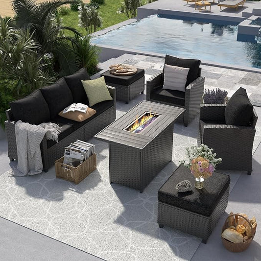 UDPATIO Outdoor Patio Furniture Set with 44" Fire Pit Table, 6 Pieces Sectional Conversation Sets, All-Weather Wicker Rattan Sofa Ottoman with 4" Thick Cushion for Garden Backyard Deck, Black