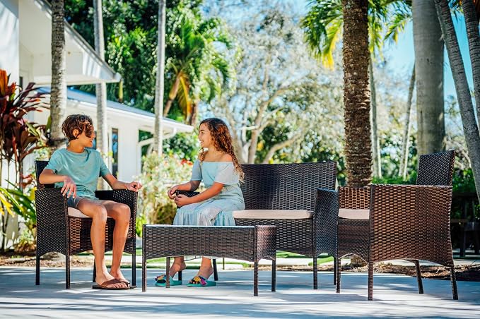 Nestl Wicker Patio Furniture - 4 Piece Set with 2 Chairs, Loveseat, Glass Top Coffee Table, Outdoor Furniture for Backyard, Pool or Porch (Brown/Beige)