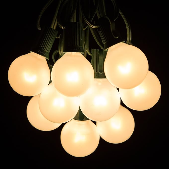 G40 White Pearl Outdoor Patio Globe String Lights (25 Foot - Green Wire) | G40 Frosted White Pearl 1.6" Bulbs