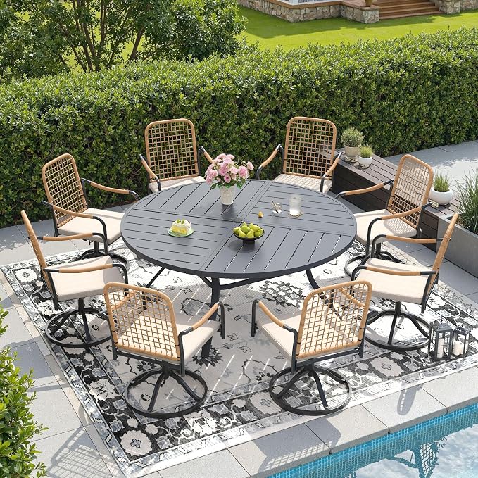 DIFY 9 Pieces Outdoor Dining Set, Metal Patio Table and Chairs Set for 8, 59.8" Round Dining Table with Umbrella Hole & Wicker Swivel Patio Chairs with Cushions, Grey Tabletop