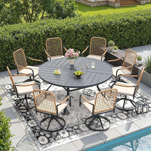 DIFY 9 Pieces Outdoor Dining Set, Metal Patio Table and Chairs Set for 8, 59.8" Round Dining Table with Umbrella Hole & Wicker Swivel Patio Chairs with Cushions, Grey Tabletop