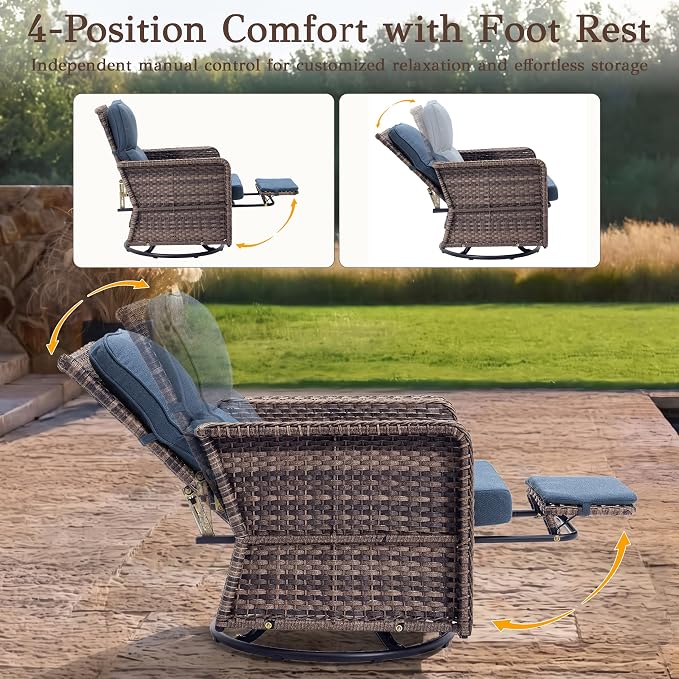 Outdoor Swivel Recliner Chair Set of 3 - Ergonomic Reclining Patio Chair with Adjustable Backrest and Footrest, All-Weather Wicker Chaise Lounge Outdoor with Side Table