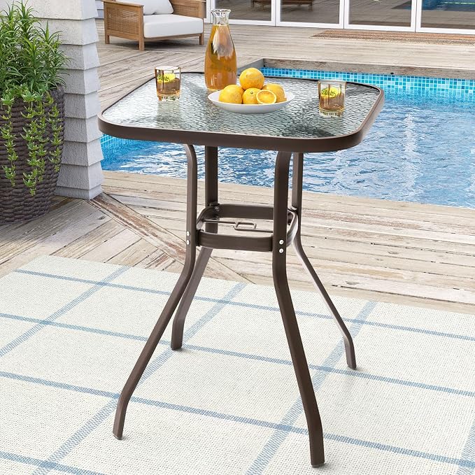 Crestlive Products Outdoor Bar Table with Umbrella Hole, Patio Dining Bistro Table with Aluminum Frame Tempered Glass Top, Outside Banquet Furniture for Garden, Pool, Deck, Lawn (Brown)