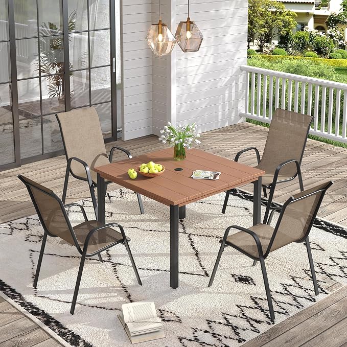 VICLLAX Patio Dining Set for 4, All Weather 5-Piece Patio Set-40.2" Square Outdoor Table and 4 Stackable Chairs for Lawn Garden and Backyard,Walnut Tabletop