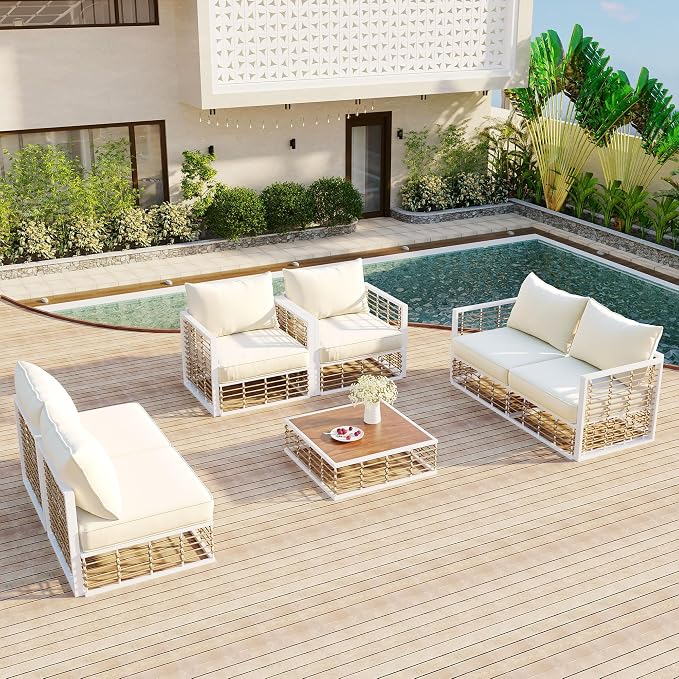 7-Piece Metal Patio Sectional Sofa Set, Free Combination Sofa Set with Coffee Table, All-Weather Garden Conversational Furniture Set with Thick Cushions and 8 Pillows (White Frame+Ivor Cushion)