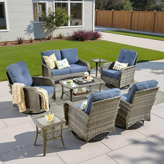 8 Pieces Patio Conversation Sets,Patio Furniture Set with Swivel Rocking Chairs,Coffee Table, Side Table, All Weather Rattan Wicker Outdoor Sectional Furniture Set for Porch Balcony Backyard Blue