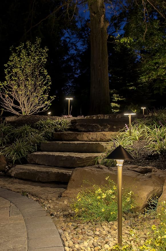 VOLT 15-Pack 12V Conehead Brass Path Lights (Bronze) & 3W 2700K LED Bulbs | 300 Lumens of Warm White Light, Low Voltage, Ideal for Pathway Walkway Garden Driveway or Patio