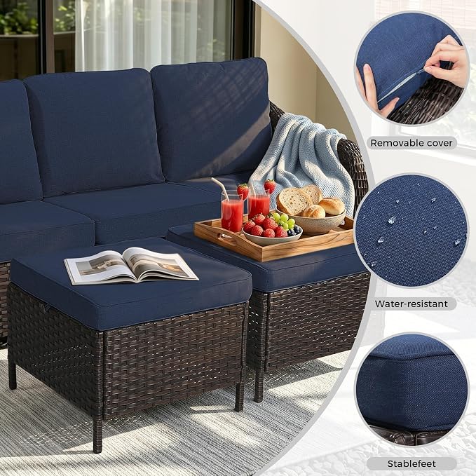 7 Piece Patio Wicker Conversation Set, All-Weather Use Outdoor Wicker Loveseat with 4 PE Rattan Ottomans,4 Swivel Chair, Ideal for Porch, Backyard, Balcony, Poolside, Blue