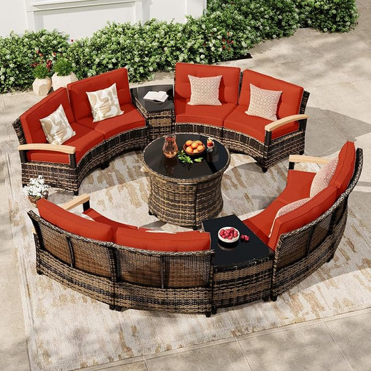 MEISSALIVVE 11-Piece Half-Moon Curved Outdoor Patio Furniture Set, Sectional Conversation Sofa with Wood Armrests, Coffee & Side Tables for Backyard Deck Garden, Red