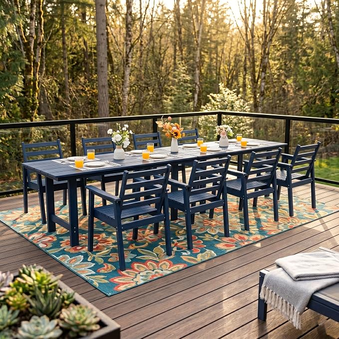 10-Piece Outdoor Dining Set, All-Weather HDPE Patio Furniture, Two 66.5" Slatted Table with 1.6" Umbrella Hole & 8 Ergonomic Armchairs, Heavy Duty 350lbs Capacity, UV Resistant, Blue