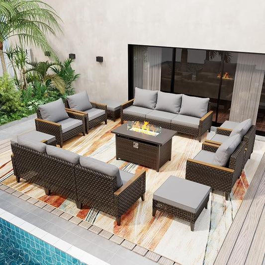 15 Piece Patio Furniture Set with 50000 BTU Propane Fire Pit Table, All-Weather Wicker Rattan Outdoor Sectional Sofa Set with High Back and Thick Cushions for Garden, Porch, Poolside, Grey