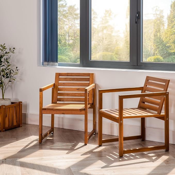 VICTORY RELAX Acacia Wood Patio Chairs Set of 2 – Outdoor Lawn Chairs with Armrests, Modern Wooden Seating for Balcony, Garden & Backyard, Natural Color (22")