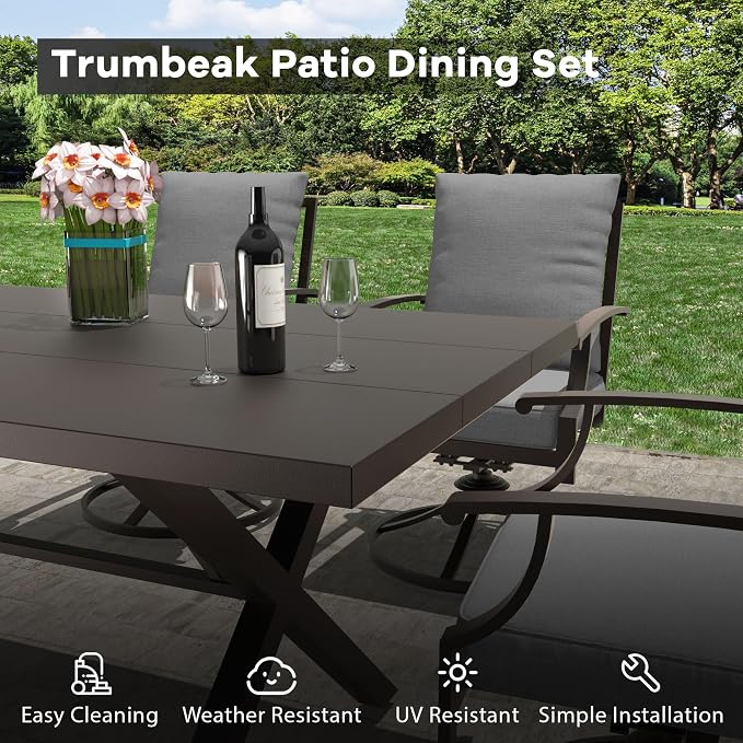 7-Piece Patio Dining Set Outdoor Conversation Set,Metal Outdoor Furniture Set with Umbrella Hole Cut-Out 78.7" x 35.4" Table and 6 Metal Backrest Swivel Chairs for Backyard,Garden,Grey