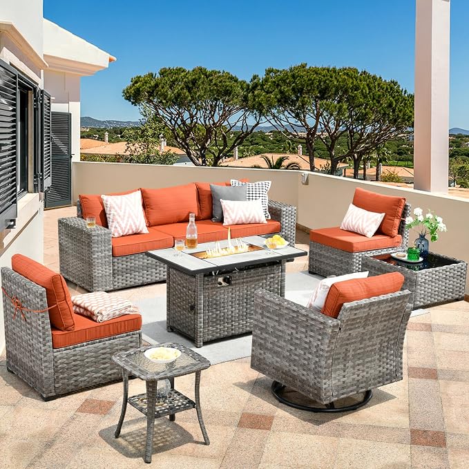 HOOOWOOO Outdoor Patio Sectional Furniture Sofa Set with Large Fire Pit Table,9 Piece Modern Wicker Couch with Swivel Chair,Modular Conversation Seating Set with Widened Armrest(Orange Red)